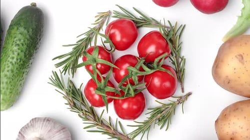 Vegetables Cherry Tomato Potato Radish Garlic Cucumber Lettuce Onion Serving Rosemary Herbs Isolated