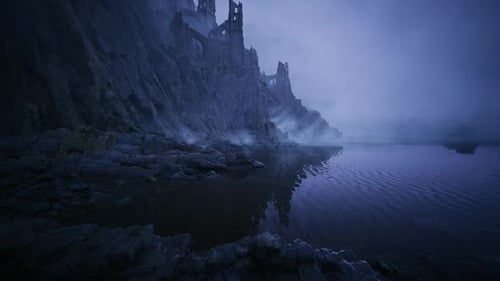 Evening Shoreline with Rocky Formations and Calm Reflective Water Surface