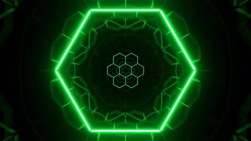 Grüne kaleidoskopische Wabensechsecke in Neonfarben im Cyberspace-Hintergrund Vj Loop In 4K