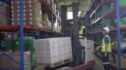 Warehouse worker controlling boxes in warehouse, Professional male warehouse worker moving cardboard