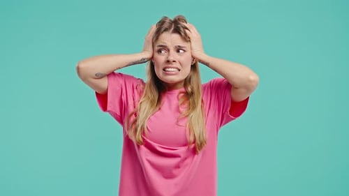 Nervous Anxiety Woman In Stress Panic Despair Frightened Blonde Woman Fear