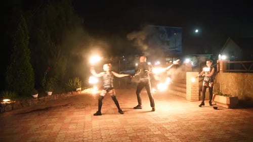 Skilled Performers Present Dynamic Fire Show at Night