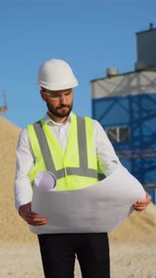 Engineer Geologist Looks a Quarry Plan Vertical Video
