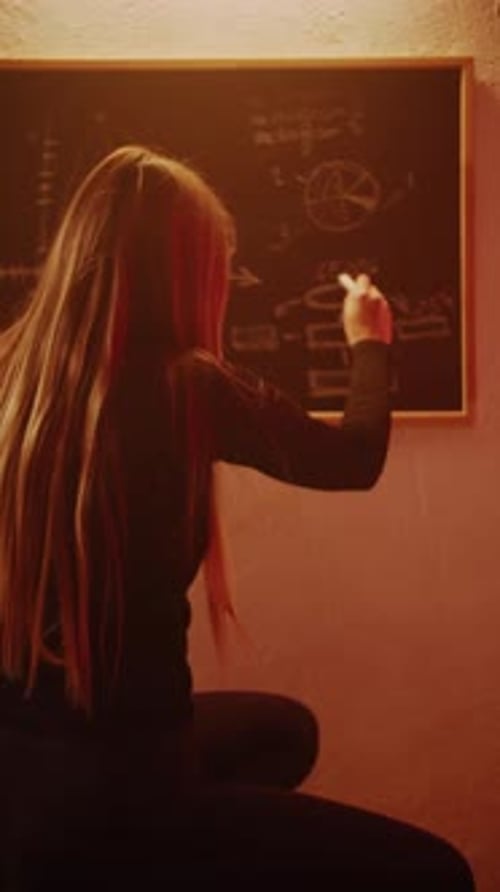 Woman Drawing Diagrams on Chalkboard in Warm Light