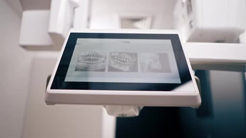 close-up 3D shot of a scan of the jaw of the oral cavity and head on a screen in the clinic