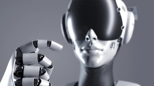 a close-up portrait of a robot with a parallax effect making a gesture to get closer