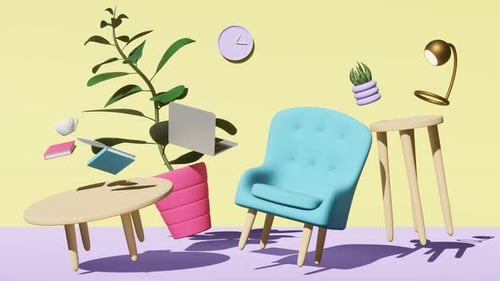 Modern 3D Room Setup Animation with Floating Elements