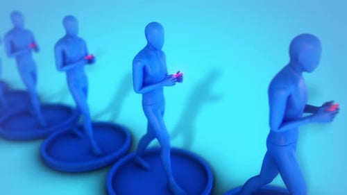 Blue Humanoid Figures Walking with Mobile Devices