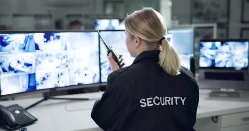 Woman, security and talking with computer and radio, female person and protection technology