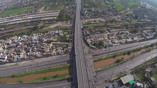 Traffic flows over at the junction with canal, bridge highway