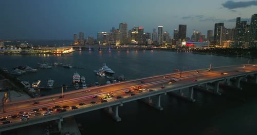 Traffic Accident Site After Car Collision Caused Slowdown on Highway Bridge in Miami City Florida at