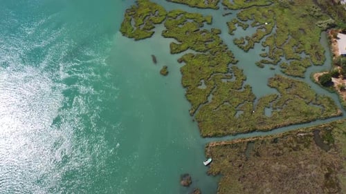 Aerial view of the swamp with mudflats in the archaeological ruins of Butrint or Butrint National Pa