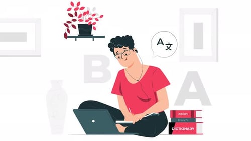 woman studying languages with her laptop and books animation 4k