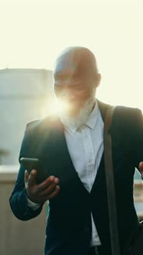 Senior business man, phone and city street celebration for wow, news or promotion outdoor