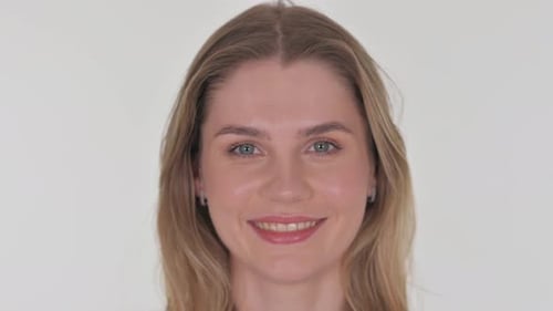 Close up of Smiling Woman Face on White Background