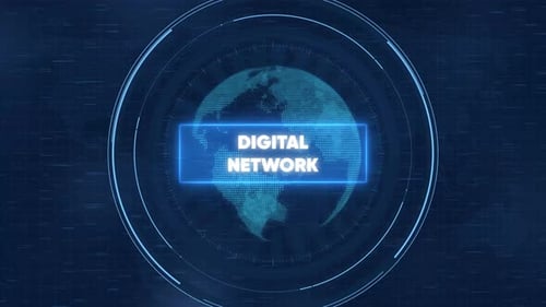 Digitales Netzwerk-HUD-Interface mit rotierendem Globus und Daten-Overlay für technische Präsentationen