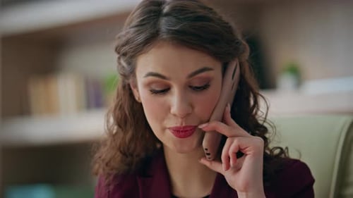 Sales Worker Calling Mobile Phone in Office Closeup Smiling Woman Chat Client