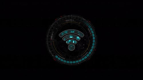 Blue digital WIFI logo and circle futuristic HUD elements with data transfer