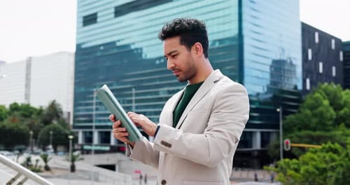 City, businessman and tablet for communication, typing email and corporate connection