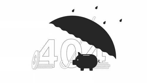 Savings piggy bank under umbrella black and white error 404 animation