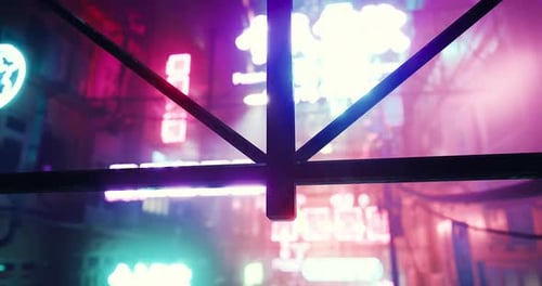 Vibrant City Lights Illuminate an Urban Alley at Night in a Bustling Atmosphere