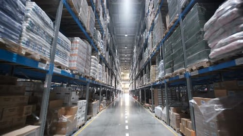 Big Factory Warehouse. Store Aisles. Camera Travels Inside a Large Store. Warehouse