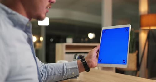 Mockup screen, tablet and man in office at desk online for website, research