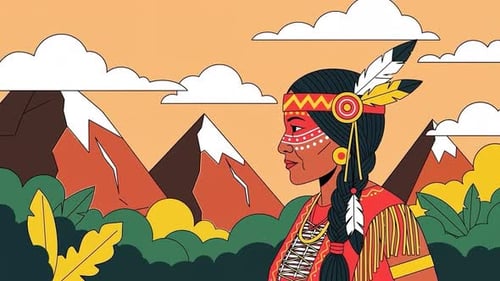 Indigenous Woman in Traditional Tribal Dress with Mountain Landscape - Native American culture