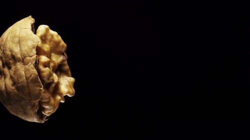 broken in half walnut on a black background rotates. Close-up. In motion.