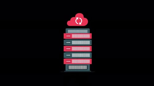 Animated Cloud Data Synchronization on Server Rack