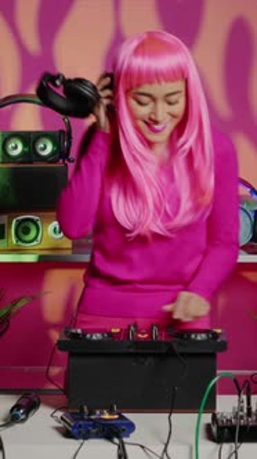 Vertical Video Happy Artist with Pink Hair and Blouse Mixing Sounds