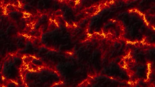 Hot burning volcanic lava flowing down. Volcanic river of orange and black lava particles.