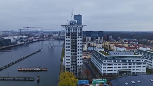 Aerial view of modern buildings on the bank of spree river