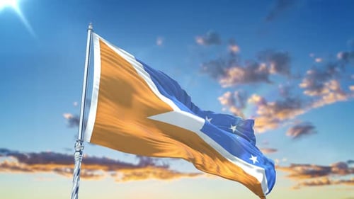 Realistic Orange and Blue Flag Waving with Stars in Sunny Sky