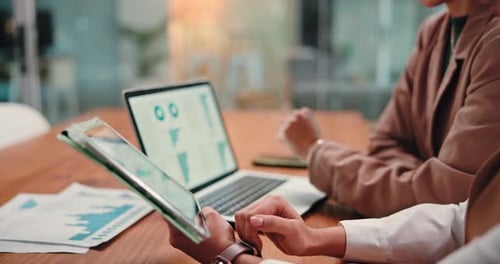 Tablet screen, hands and business people in meeting with graphs, investment or stock market