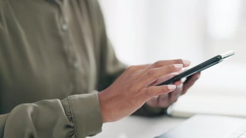 Hands, business and woman with a smartphone, typing and connection with social media