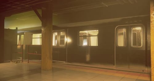 Nächtliche U-Bahn-Ankunft in einer nebligen U-Bahnstation
