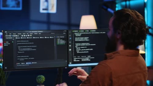 Joyful IT Specialist Doing Contracted Job From Apartment Writing Lines of Code