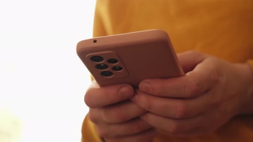 Woman Hand Holding Cell Phone Touch Screen Typing Scroll Page Using App Smartphone Mobile Phone