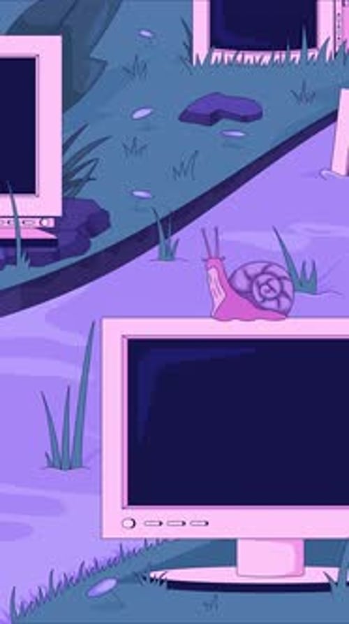 Abandoned CRT monitors in grassy stream lofi vertical animation