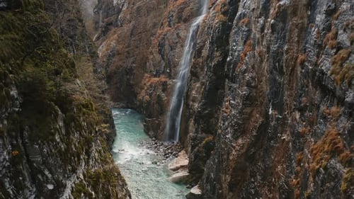 Aerial Drone View of Valle di Scalve Water Cascade Streaming Down the Wet Rocky Cliff.
Warm Autumn C