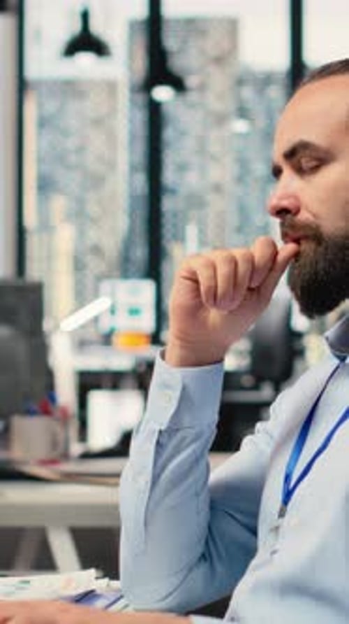 Vertical Video Trader in Office Closing Eyes to Do Daydreaming Visualizing Financial Success