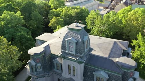 Big mansion in US countryside, Forest landscape, Slow aerial ascending