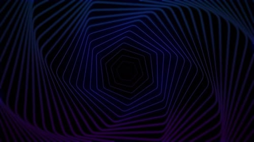blue and purple neon tunnel moving into the distance, abstract 3D background hexagon