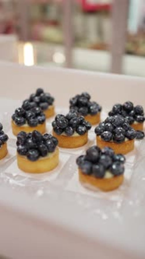 Blueberry Tarts on Tray in a Bakery