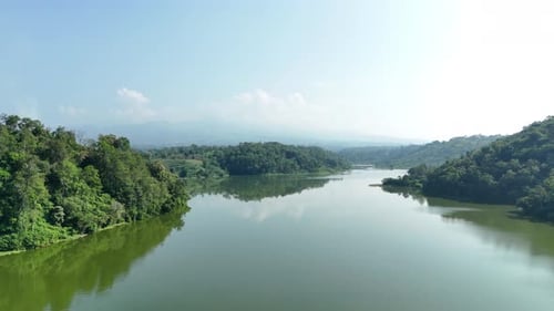 Drone footage of natural green lake landscape