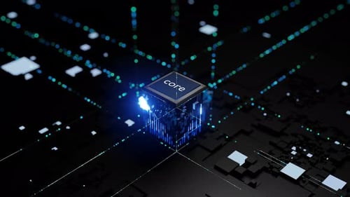 Futuristic CPU Core Processor with Glowing Data Flow