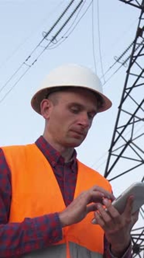 Engineer Using Tablet Inspecting Power Lines Outdoors