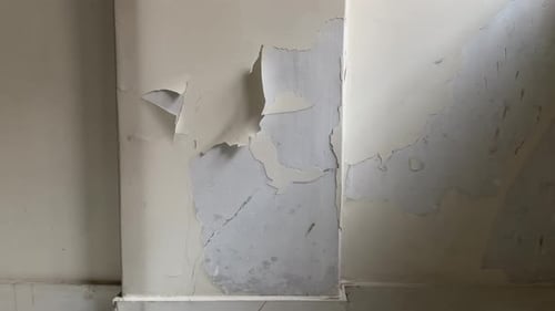 Damaged Interior Wall with Peeling Beige Paint
