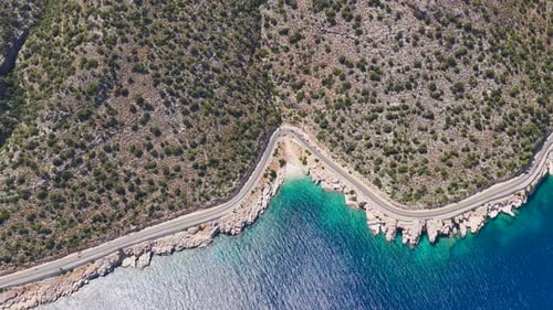 Aerial Video of View Over Beach and Road Along the Mediterranean Shoreline